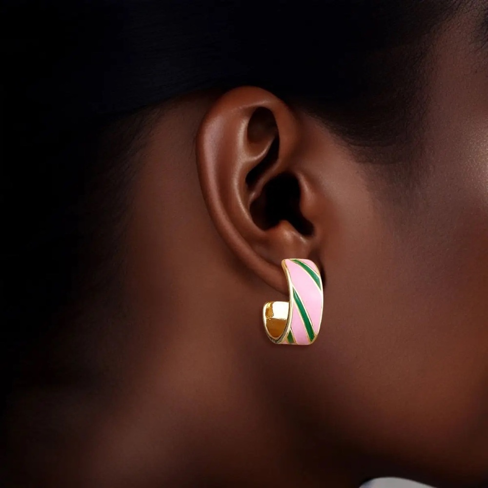 Hoop 14K Gold Pink Green Stripe Earrings For Women